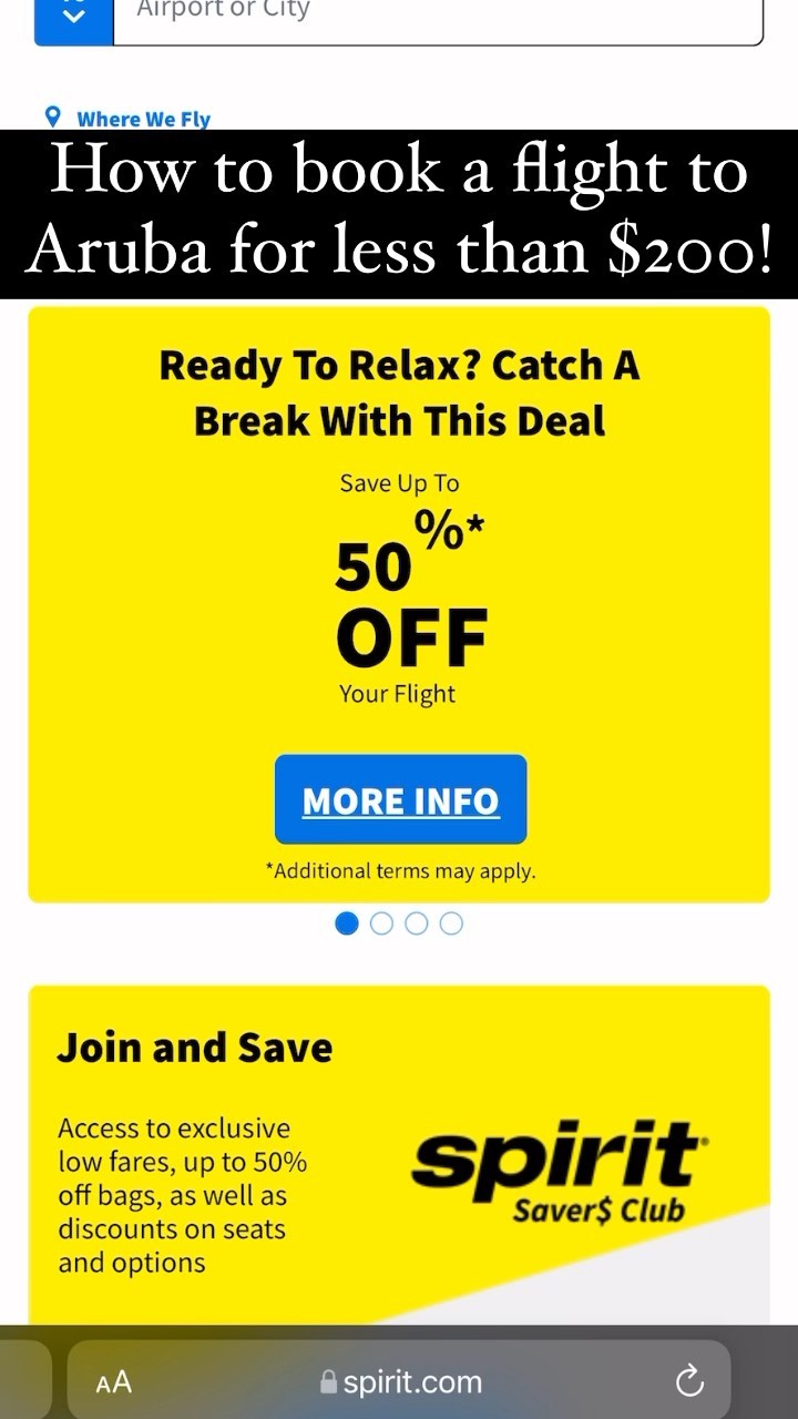 Fly to Aruba for less than $200!

Here’s how: 
1. Go to @spiritairlines desktop website
2. Enter promo code 50PCT
3. READ THE FINE PRINT!
4. Look for available days and best times
5. Book and GO!!

UPDATE*** One hour left!!!

#flightdeals #bargaintravel #cheapflights #traveltips #flashsale #travelblogger #booktheflight #budgettravel